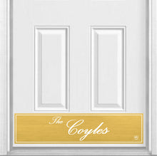 Load image into Gallery viewer, Door Kick Plate - Magnet - Personalized “Surname” (Script) - UV Printed - Multiple Faux Metal Finishes & Sizes