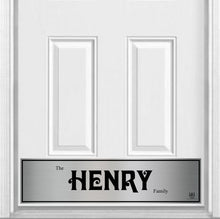 Load image into Gallery viewer, Door Kick Plate - Magnet - Personalized “Surname” (Bold) - UV Printed - Multiple Faux Metal Finishes & Sizes