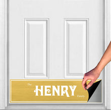 Load image into Gallery viewer, Door Kick Plate - Magnet - Personalized “Surname” (Bold) - UV Printed - Multiple Faux Metal Finishes & Sizes