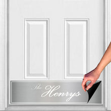 Load image into Gallery viewer, Door Kick Plate - Magnet - Personalized “Surname” (Script) - UV Printed - Multiple Faux Metal Finishes & Sizes