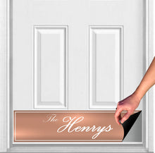 Load image into Gallery viewer, Door Kick Plate - Magnet - Personalized “Surname” (Script) - UV Printed - Multiple Faux Metal Finishes & Sizes