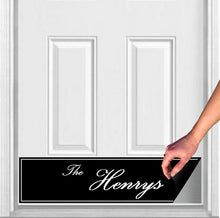 Load image into Gallery viewer, Door Kick Plate - Magnet - Personalized “Surname” (Script) - UV Printed - Multiple Faux Metal Finishes & Sizes