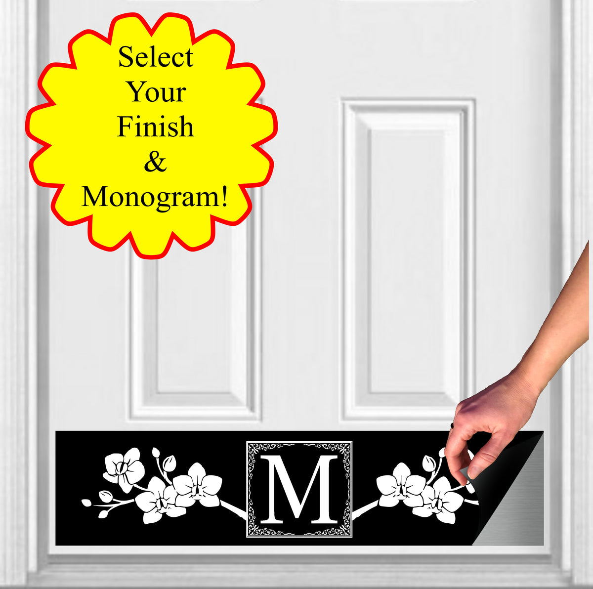Door Kick Plate - Magnet – Personalized “Magnolia” Monogram- UV Printed -  Multiple Faux Metal Finishes & Sizes