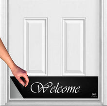 Load image into Gallery viewer, Door Kick Plate - Magnet - “Script Welcome” - UV Printed - Multiple Faux Metal Finishes &amp; Sizes
